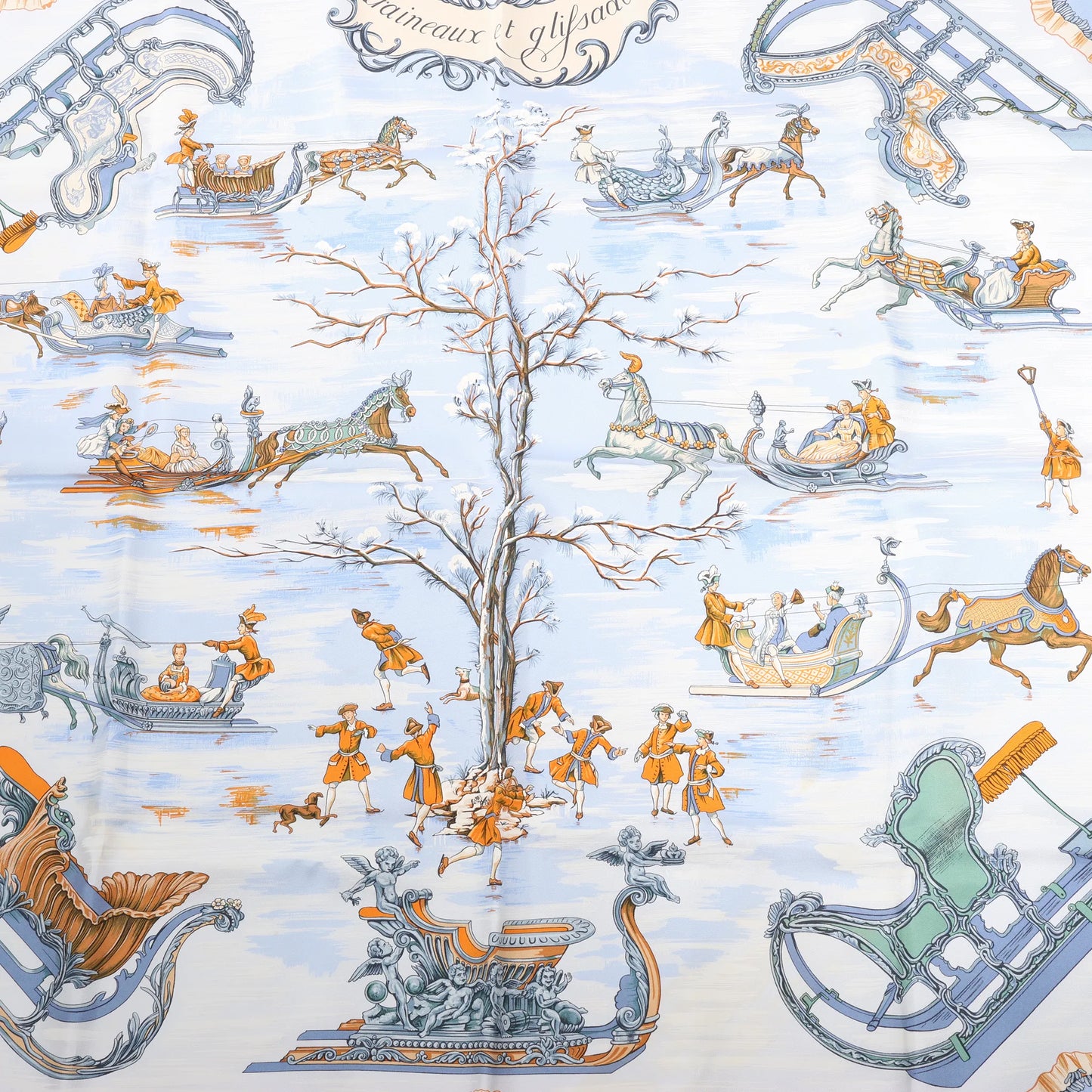 Hermès Carré 90 „Traineaux et glissades“ Seidentaschentuch in Blau