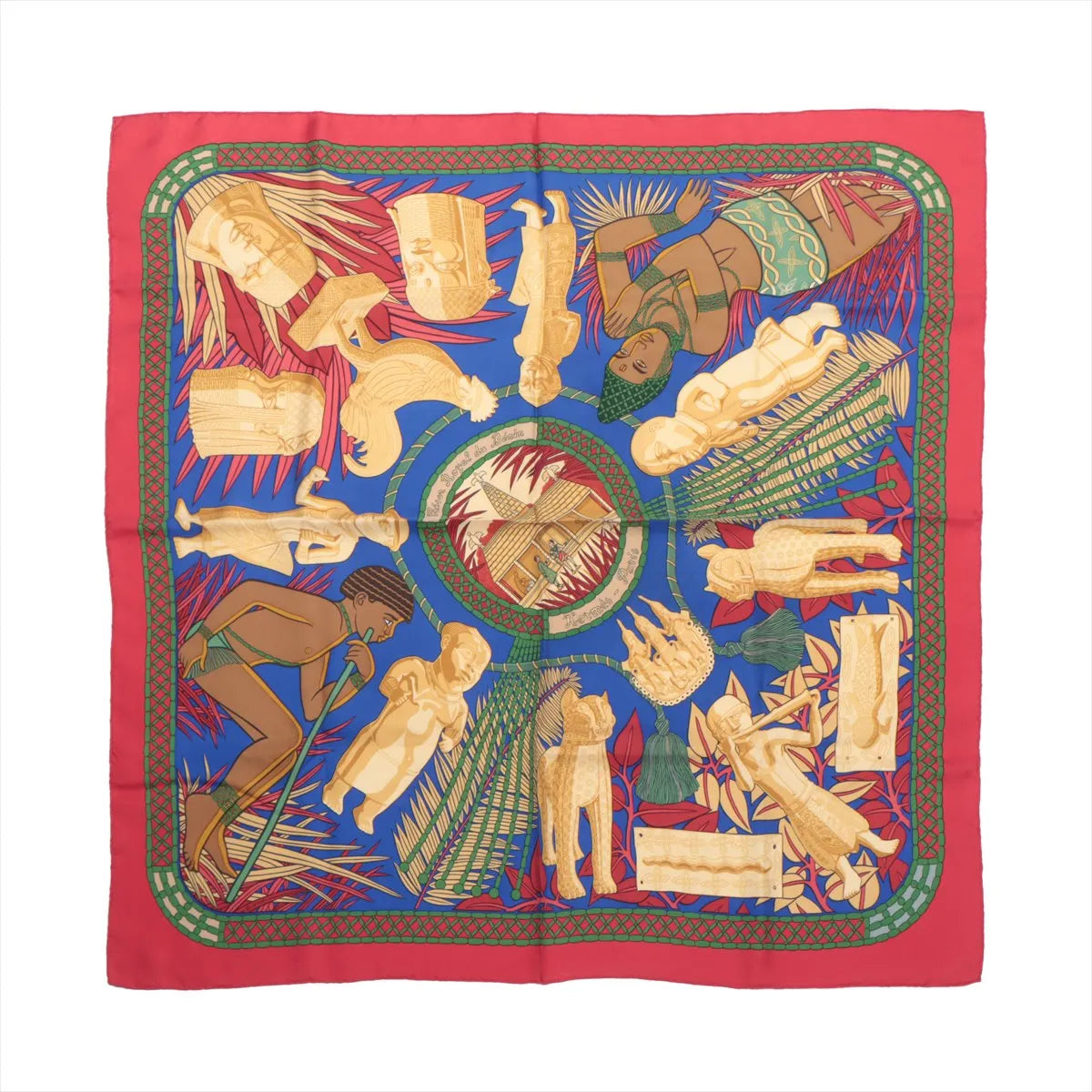 Hermès Carré 90 "Trésor Royal du Bénin" silk handkerchief in red featuring gold-toned African sculptures, royal figures, and cultural artifacts on a vibrant blue background with a red and green patterned border.