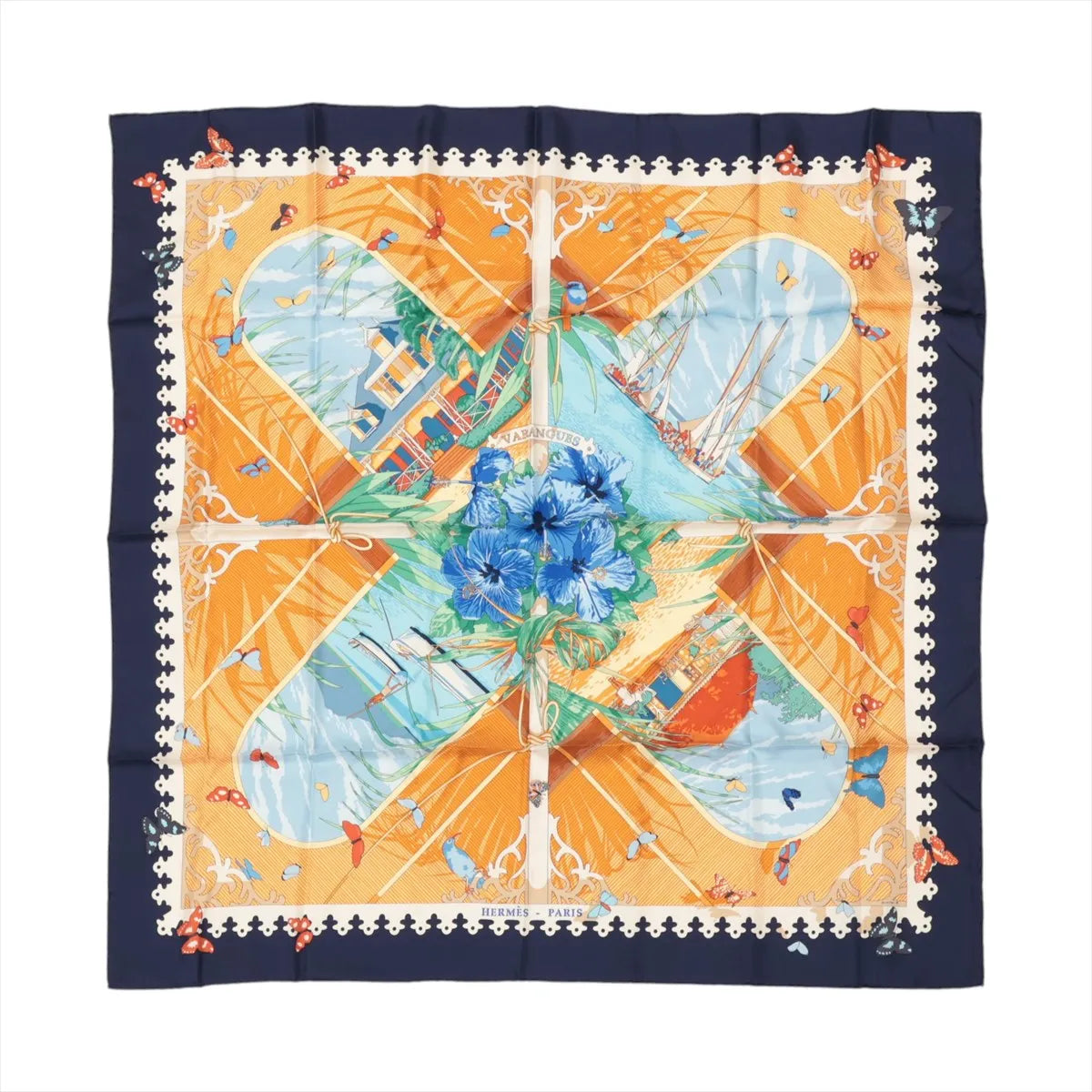 Hermès Carré 90 "VARANGUES" Silk handkerchief in Navy Blue x Orange