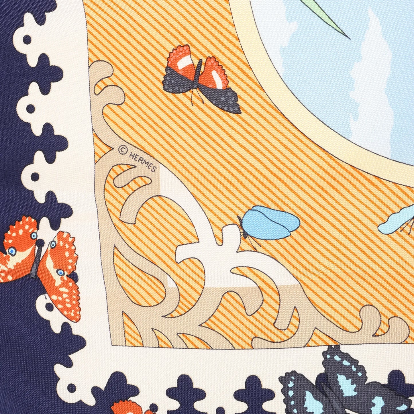 Hermès Carré 90 „VARANGUES“ Seidentaschentuch in Marineblau x Orange