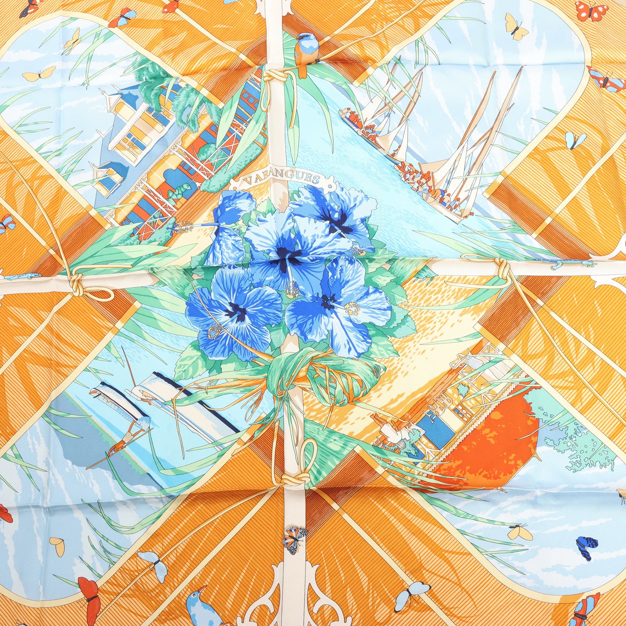 Hermès Carré 90 "VARANGUES" Silk handkerchief in Navy Blue x Orange