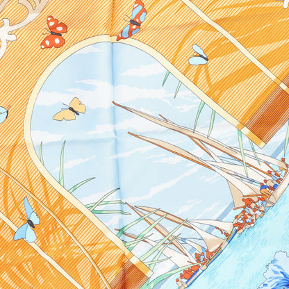 Hermès Carré 90 „VARANGUES“ Seidentaschentuch in Marineblau x Orange