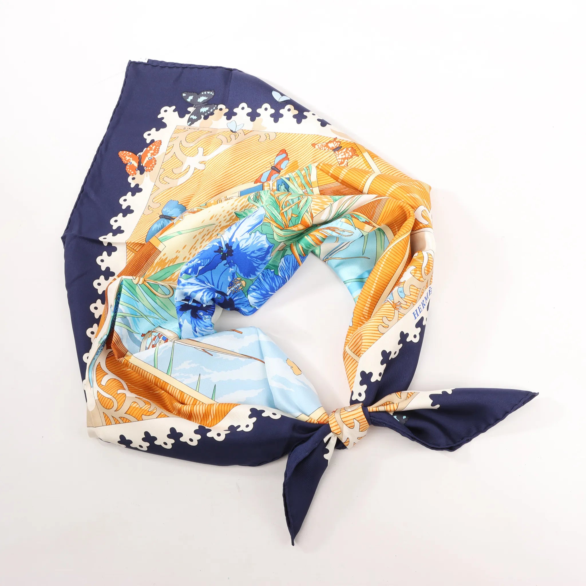 Hermès Carré 90 "VARANGUES" Silk handkerchief in Navy Blue x Orange