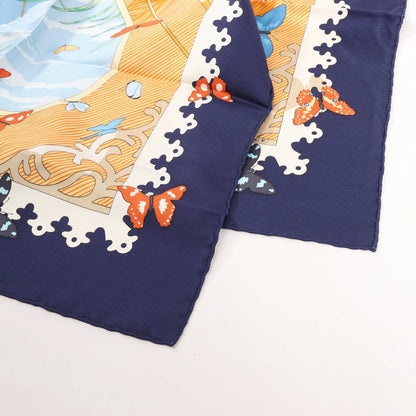 Hermès Carré 90 „VARANGUES“ Seidentaschentuch in Marineblau x Orange