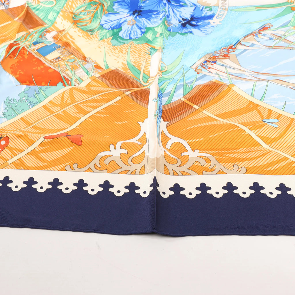 Hermès Carré 90 "VARANGUES" Silk handkerchief in Navy Blue x Orange