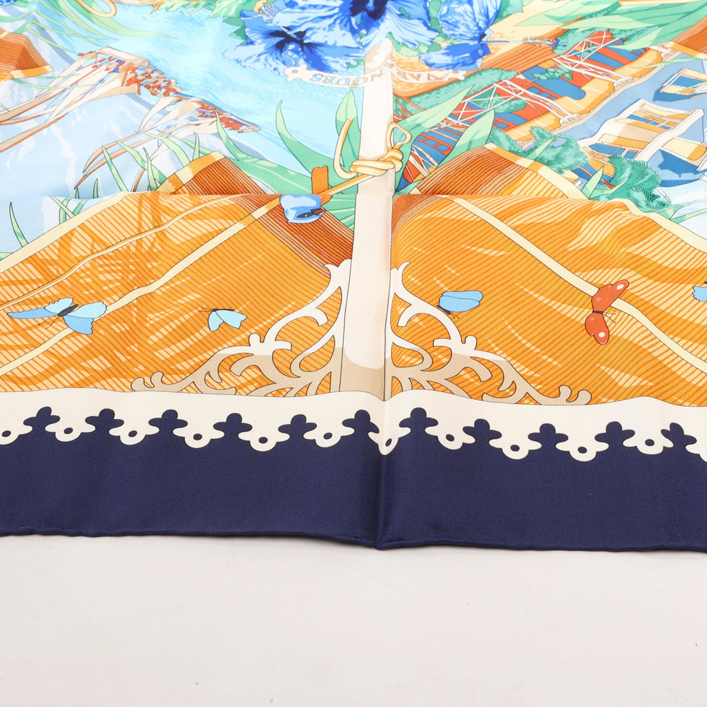 Hermès Carré 90 "VARANGUES" Silk handkerchief in Navy Blue x Orange