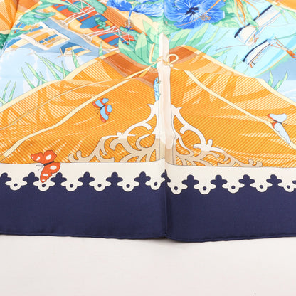 Hermès Carré 90 „VARANGUES“ Seidentaschentuch in Marineblau x Orange