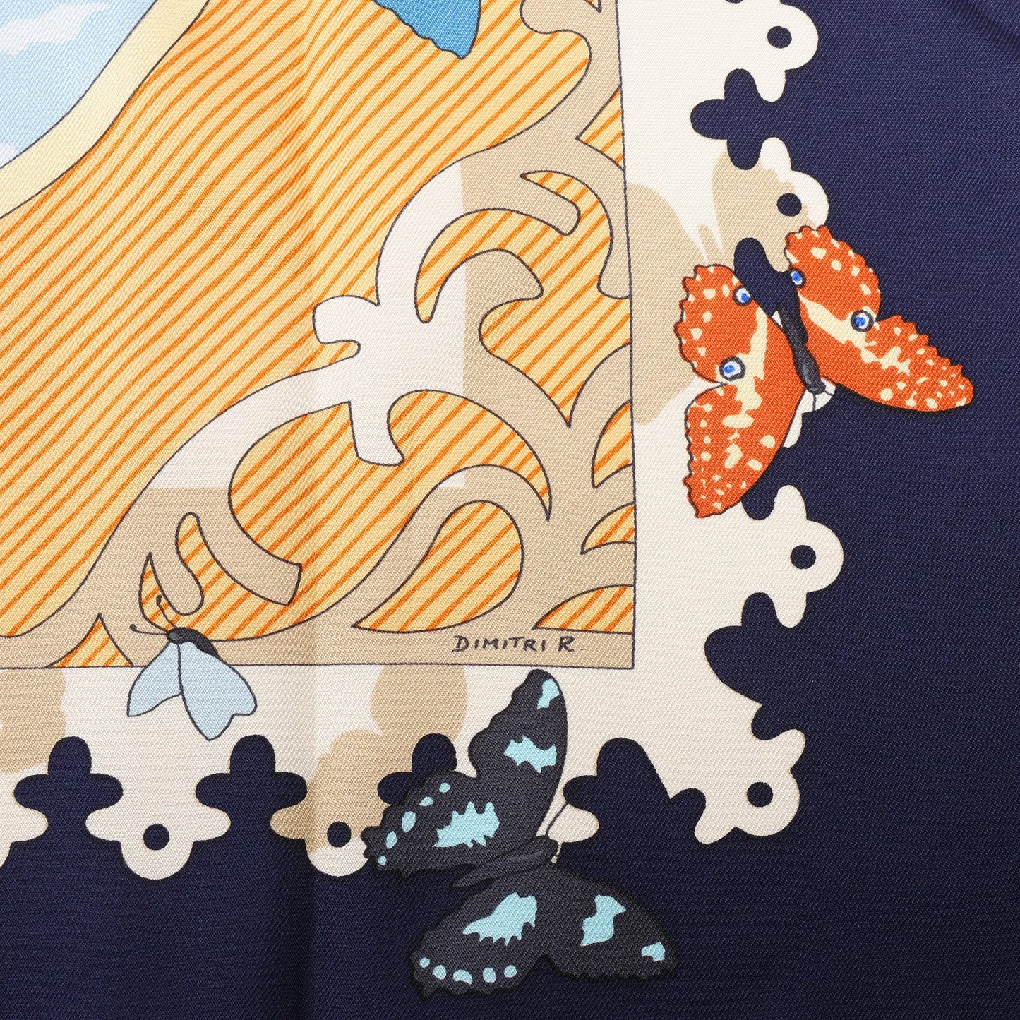 Hermès Carré 90 „VARANGUES“ Seidentaschentuch in Marineblau x Orange