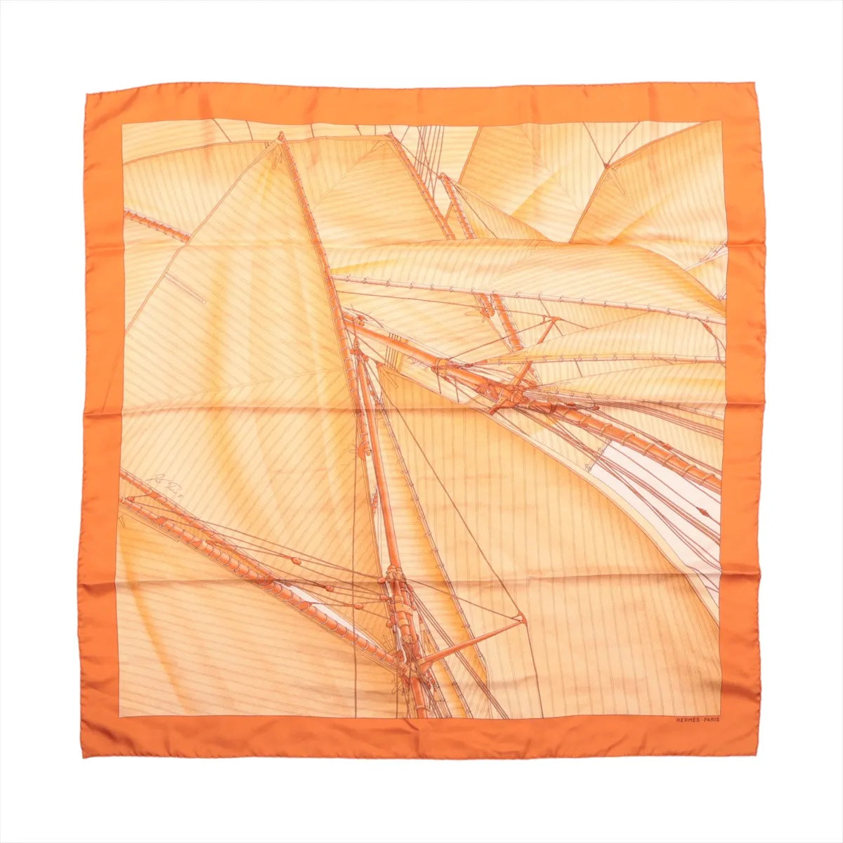 Orange Hermès Carré 90 scarf with cream and orange sailing ship rigging print and solid orange border.