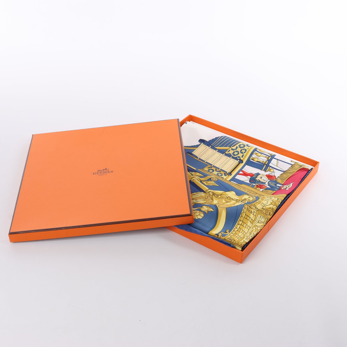 Hermès Carré 90 "Vue du Carrosse de la Galère La Réale" Silk handkerchief in Navy Blue