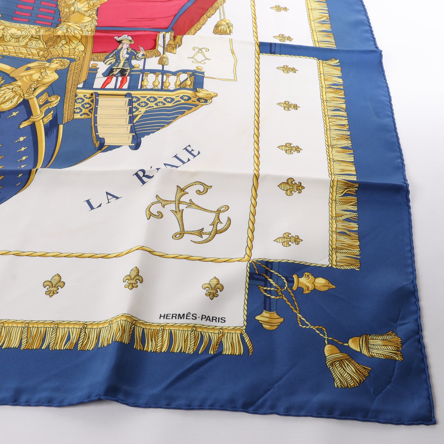 Hermès Carré 90 "Vue du Carrosse de la Galère La Réale" Silk handkerchief in Navy Blue