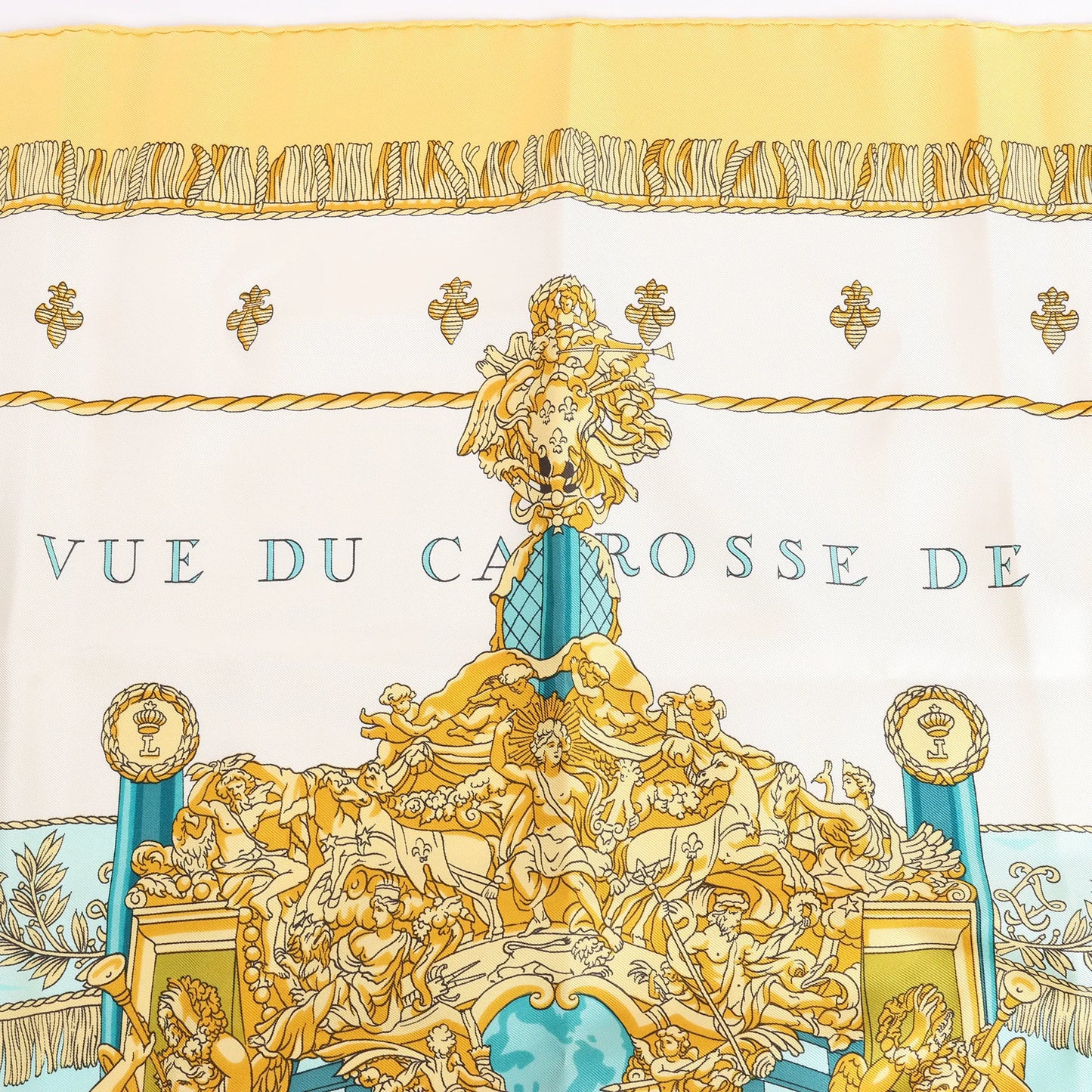 Hermès Carré 90 "VUE DU CARROSSE DE LA GALERE LA REALE" Silk handkerchief in Yellow