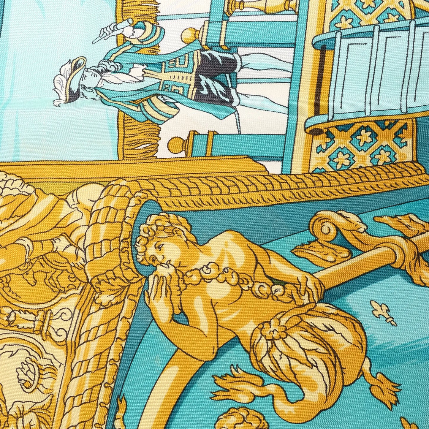 Hermès Carré 90 "VUE DU CARROSSE DE LA GALERE LA REALE" Silk handkerchief in Yellow