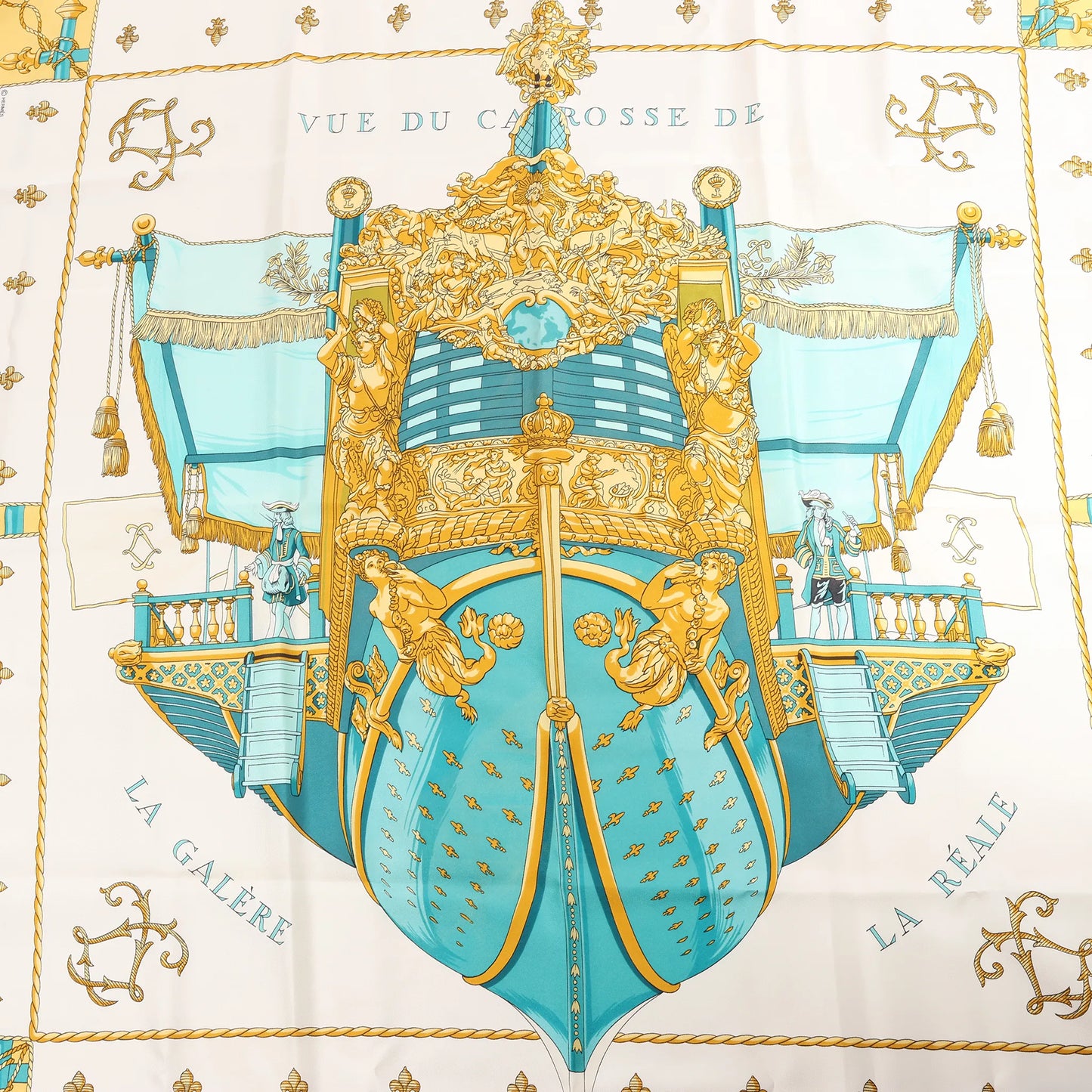 Hermès Carré 90 "VUE DU CARROSSE DE LA GALERE LA REALE" Silk handkerchief in Yellow