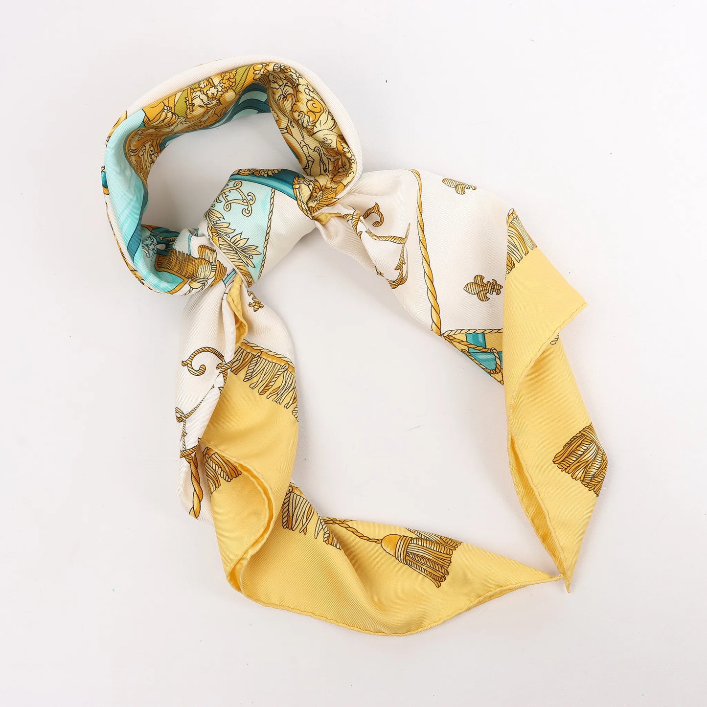 Hermès Carré 90 "VUE DU CARROSSE DE LA GALERE LA REALE" Silk handkerchief in Yellow