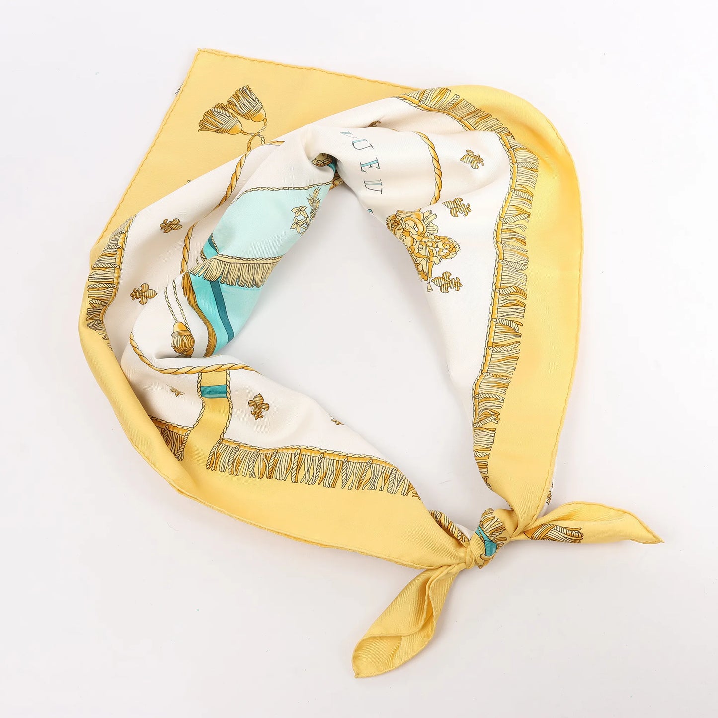 Hermès Carré 90 "VUE DU CARROSSE DE LA GALERE LA REALE" Silk handkerchief in Yellow