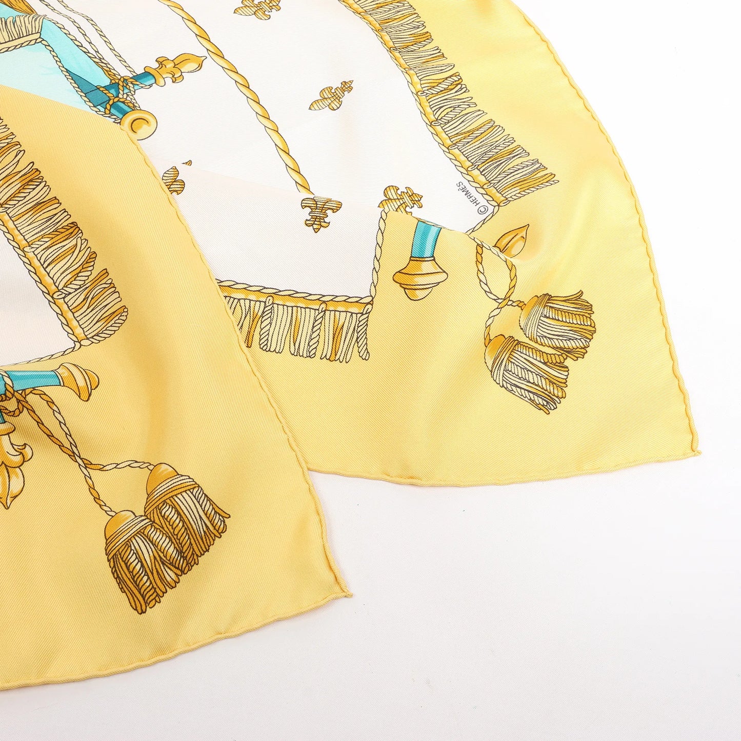 Hermès Carré 90 "VUE DU CARROSSE DE LA GALERE LA REALE" Silk handkerchief in Yellow