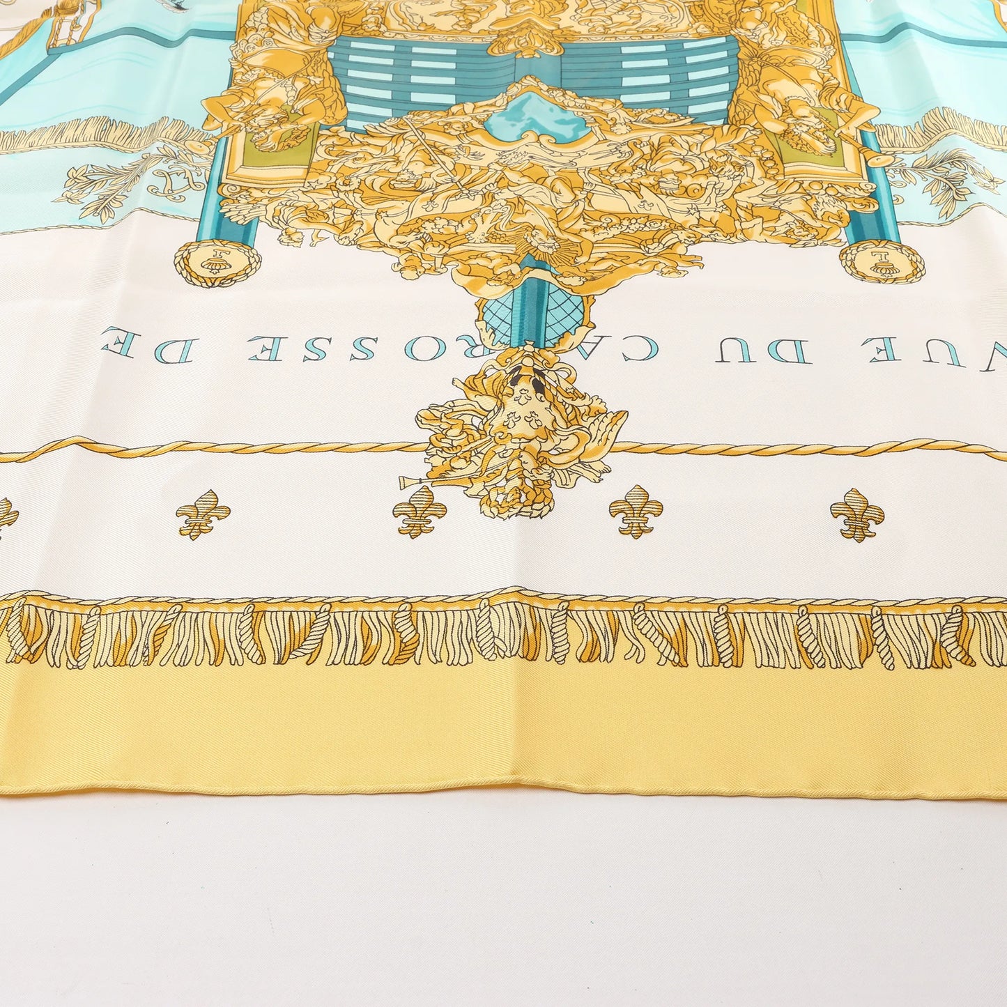 Hermès Carré 90 "VUE DU CARROSSE DE LA GALERE LA REALE" Silk handkerchief in Yellow