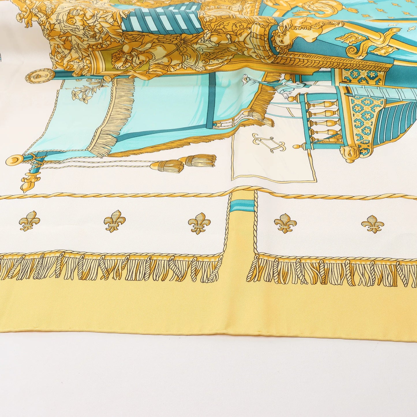 Hermès Carré 90 "VUE DU CARROSSE DE LA GALERE LA REALE" Silk handkerchief in Yellow