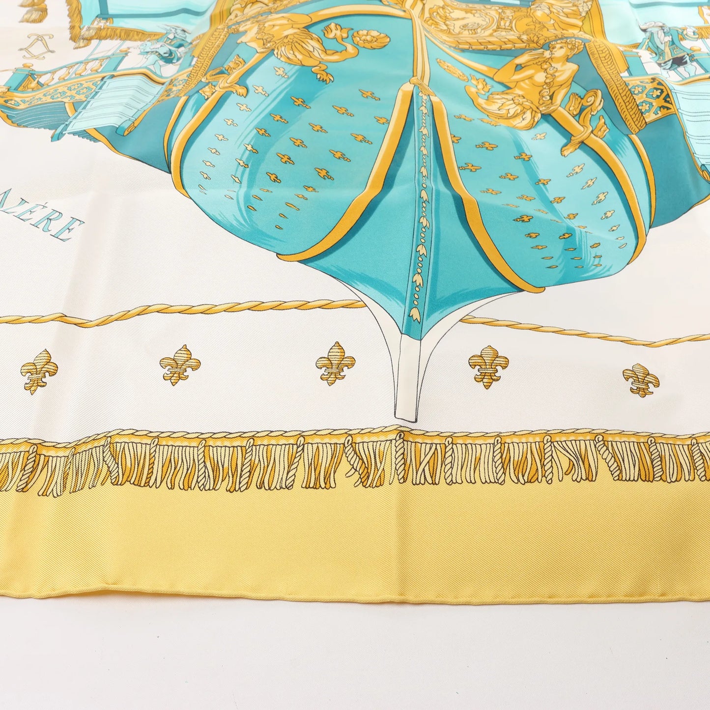 Hermès Carré 90 "VUE DU CARROSSE DE LA GALERE LA REALE" Silk handkerchief in Yellow