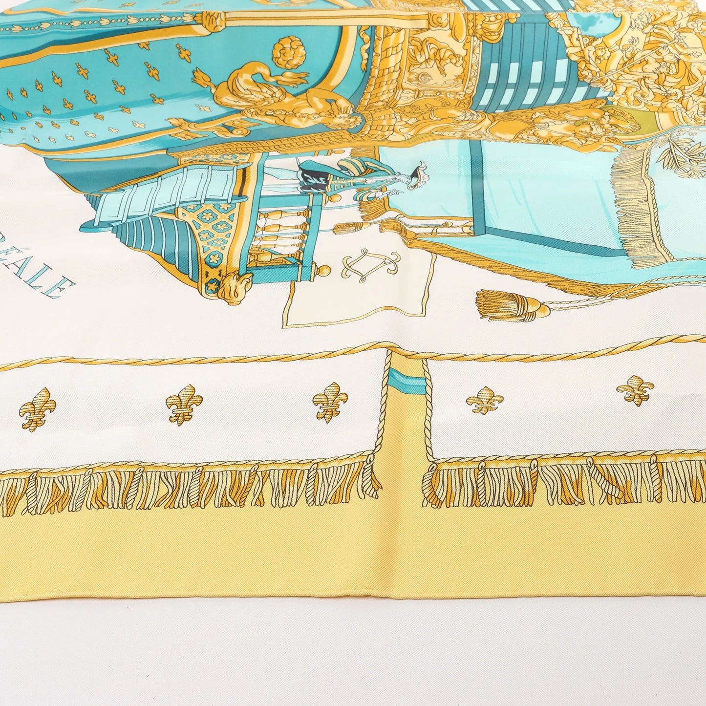 Hermès Carré 90 "VUE DU CARROSSE DE LA GALERE LA REALE" Silk handkerchief in Yellow