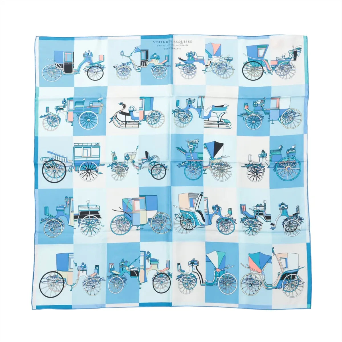 Hermès Carré 90 "Voitures Exquises" silk scarf in blue featuring a grid of intricately illustrated vintage carriages in shades of blue, white, and teal, with a patchwork-like background and detailed design work throughout.
