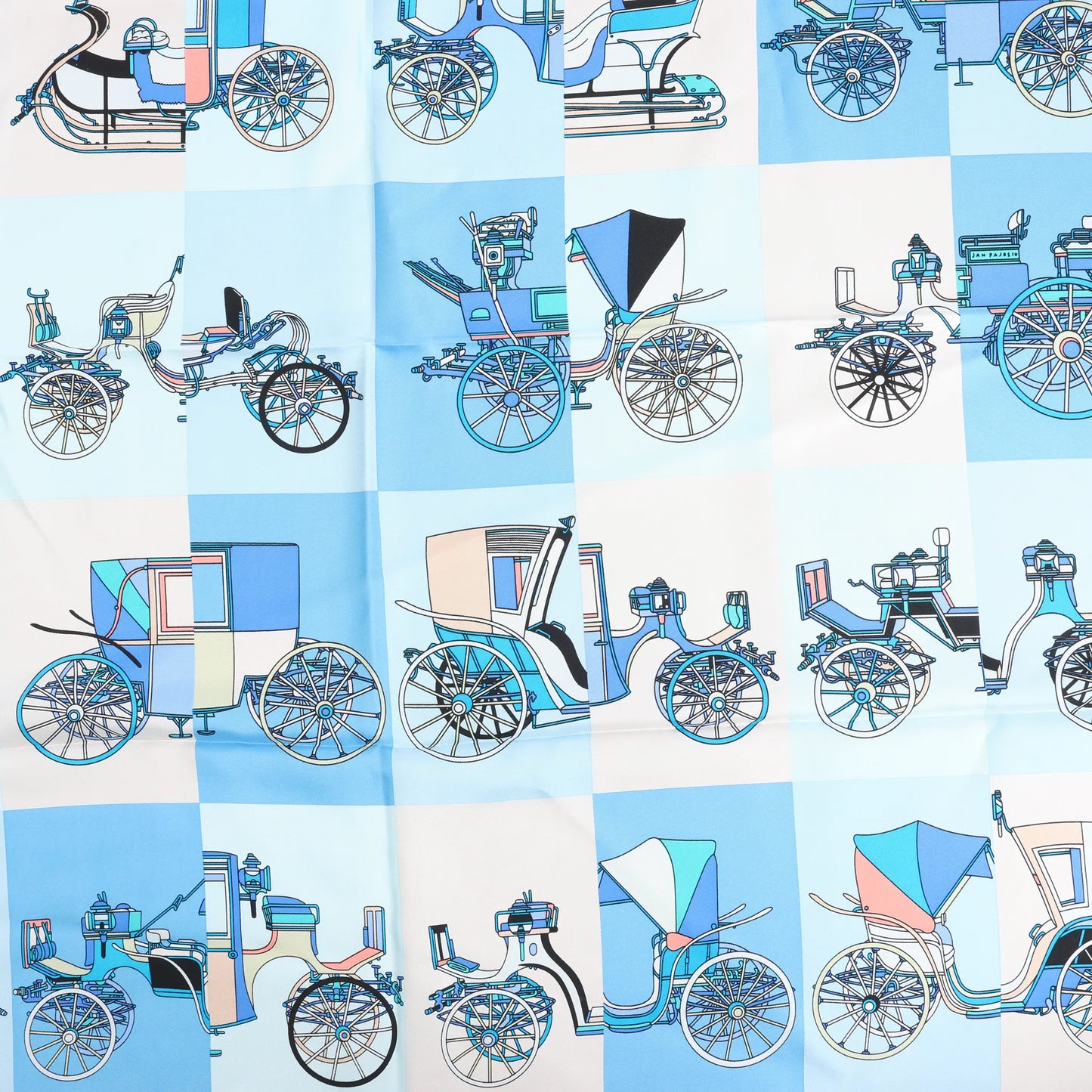 Hermès Carré 90 „Voitures Exquises Elaborate Carriages“ Seidentaschentuch in Blau