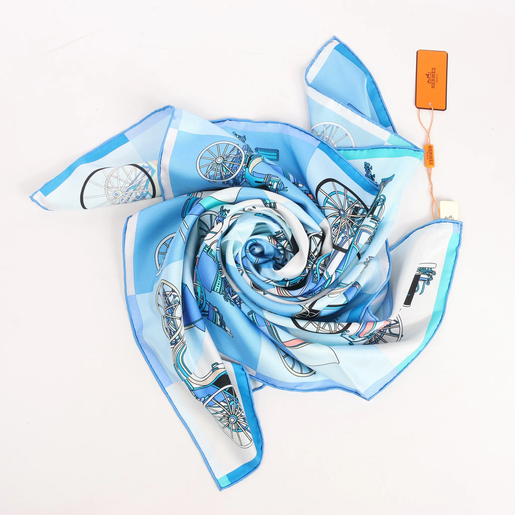 Hermès Carré 90 "Voitures Exquises Elaborate Carriages" Silk handkerchief in Blue