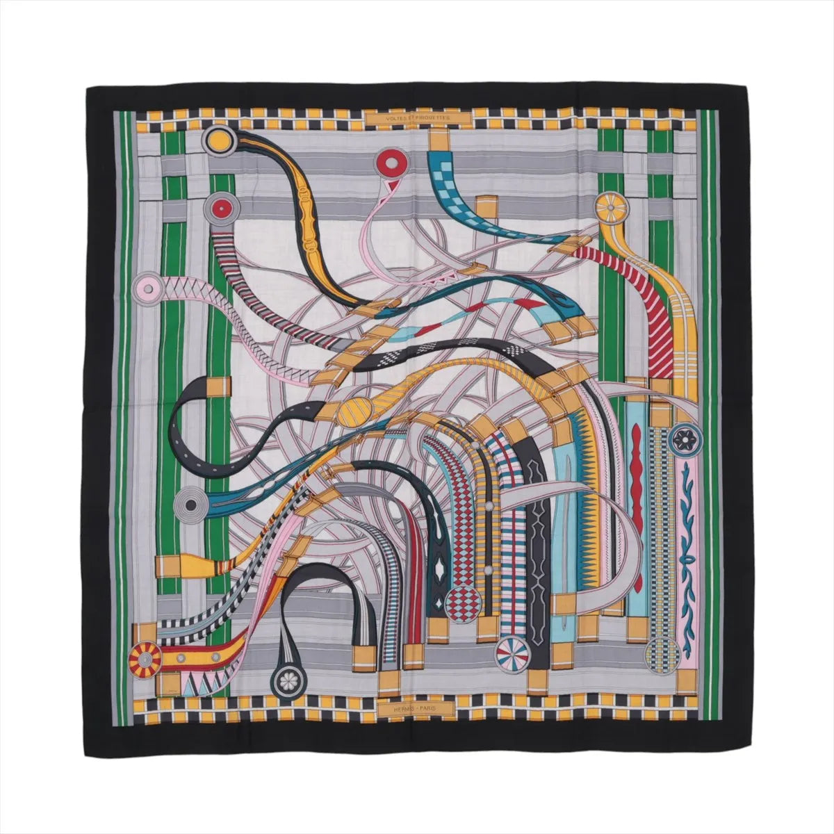 Hermès Carré Géant "Voltes et Pirouettes" scarf in black, crafted from a cashmere and silk blend, featuring a vibrant abstract design of intertwining ribbons, curves, and geometric shapes in multicolor tones, bordered by a black and checkered edge.