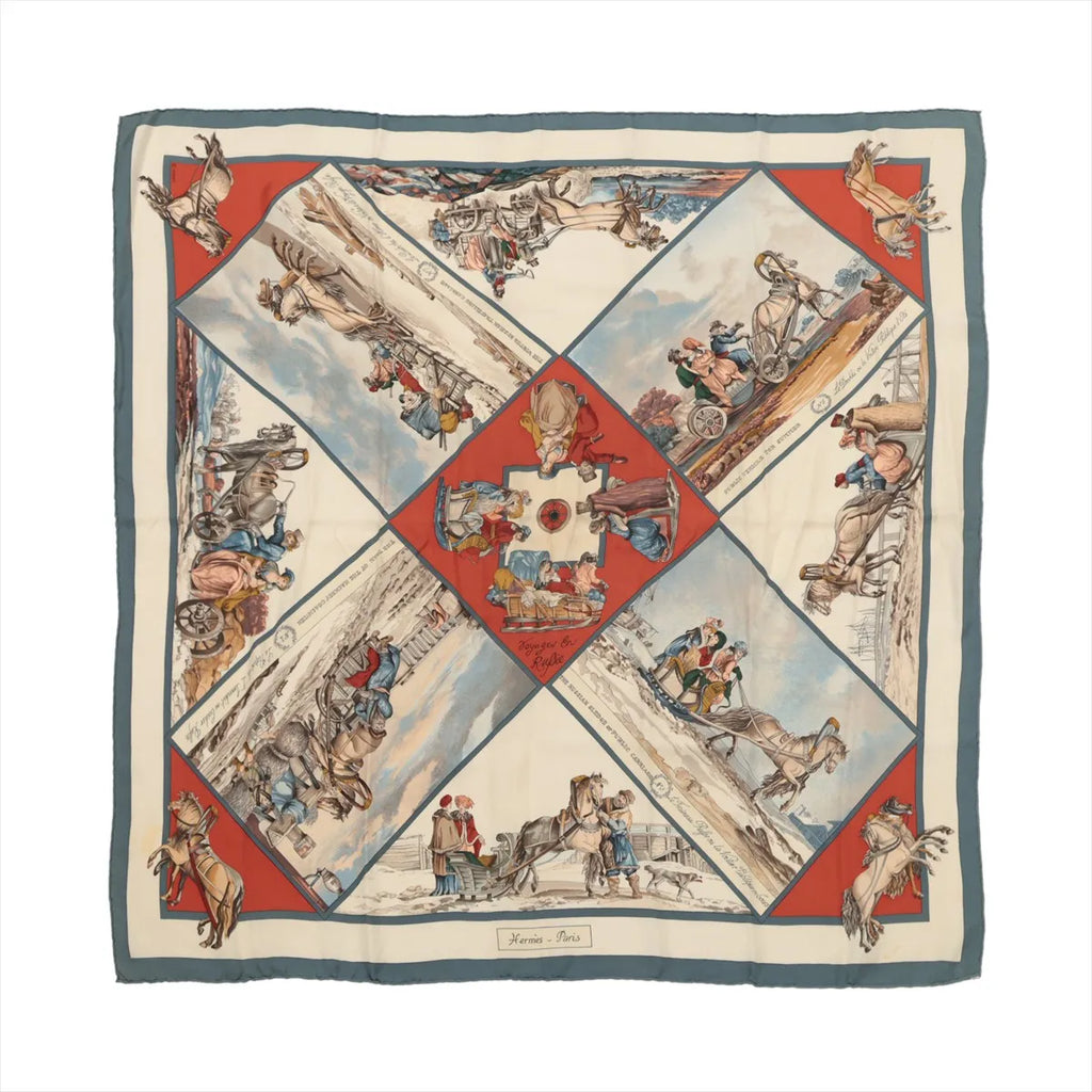 Hermès Carré 90 silk scarf in beige with blue and red framed panels, featuring horse-drawn carriage travel scenes and a central illustrated vignette, with teal outer border.