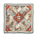 Hermès Carré 90 silk scarf in beige with blue and red framed panels, featuring horse-drawn carriage travel scenes and a central illustrated vignette, with teal outer border.