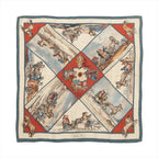 Hermès Carré 90 silk scarf in beige with blue and red framed panels, featuring horse-drawn carriage travel scenes and a central illustrated vignette, with teal outer border.