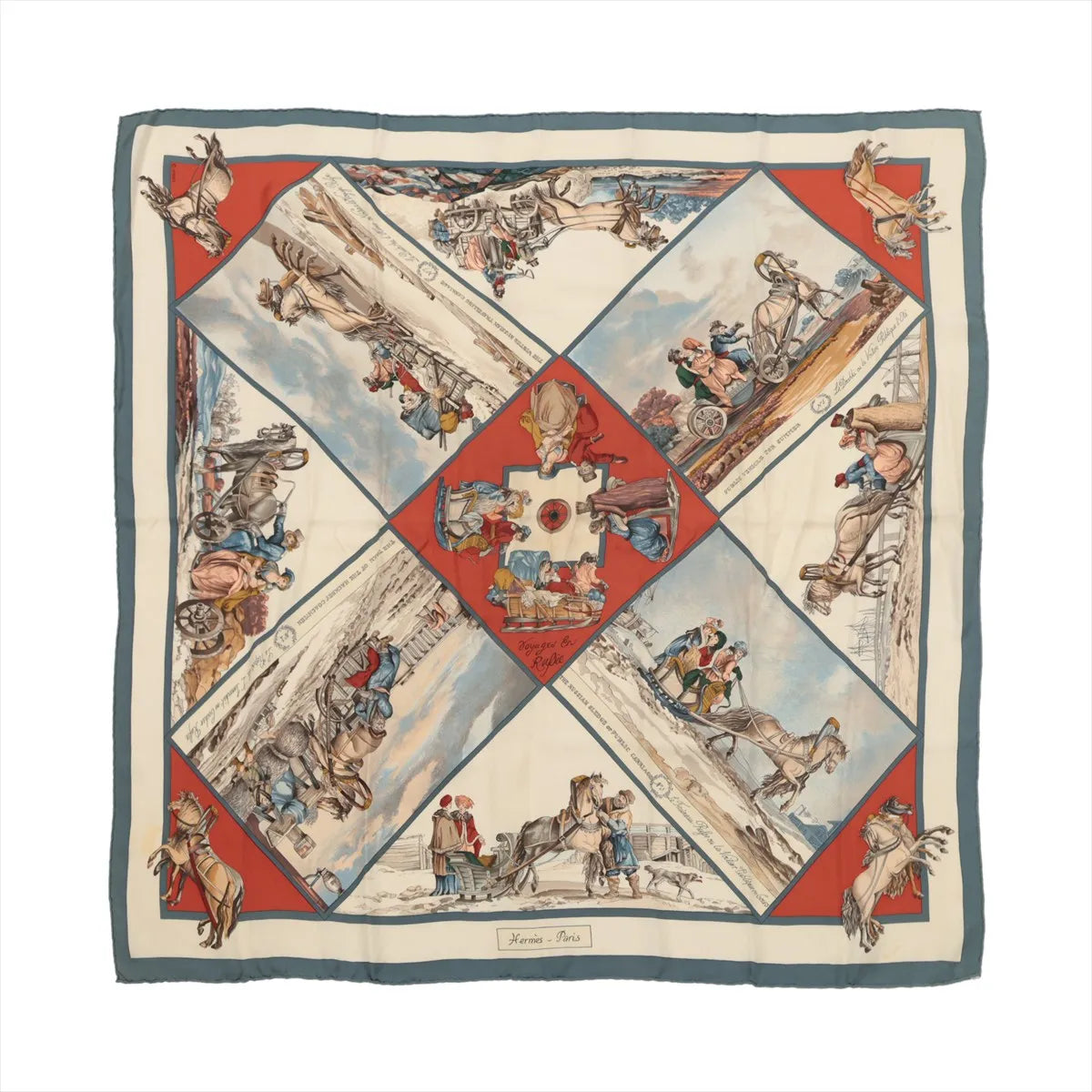 Hermès Carré 90 silk scarf in beige with blue and red framed panels, featuring horse-drawn carriage travel scenes and a central illustrated vignette, with teal outer border.