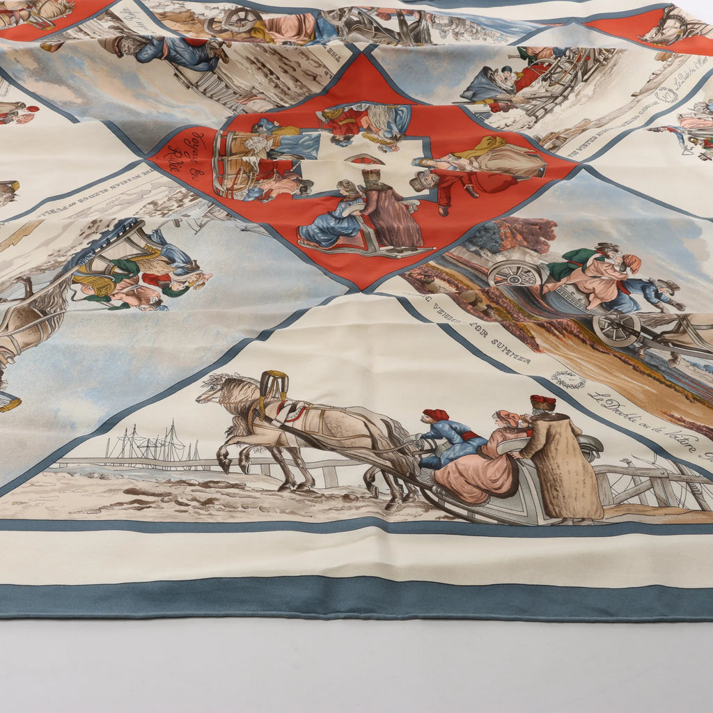 Hermès Carré 90 "Voyages En Russie" Silk handkerchief in Beige x Blue