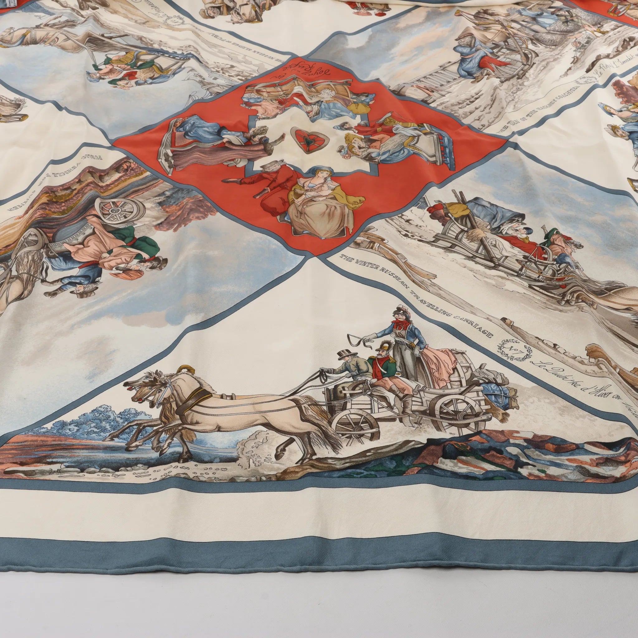 Hermès Carré 90 "Voyages En Russie" Silk handkerchief in Beige x Blue