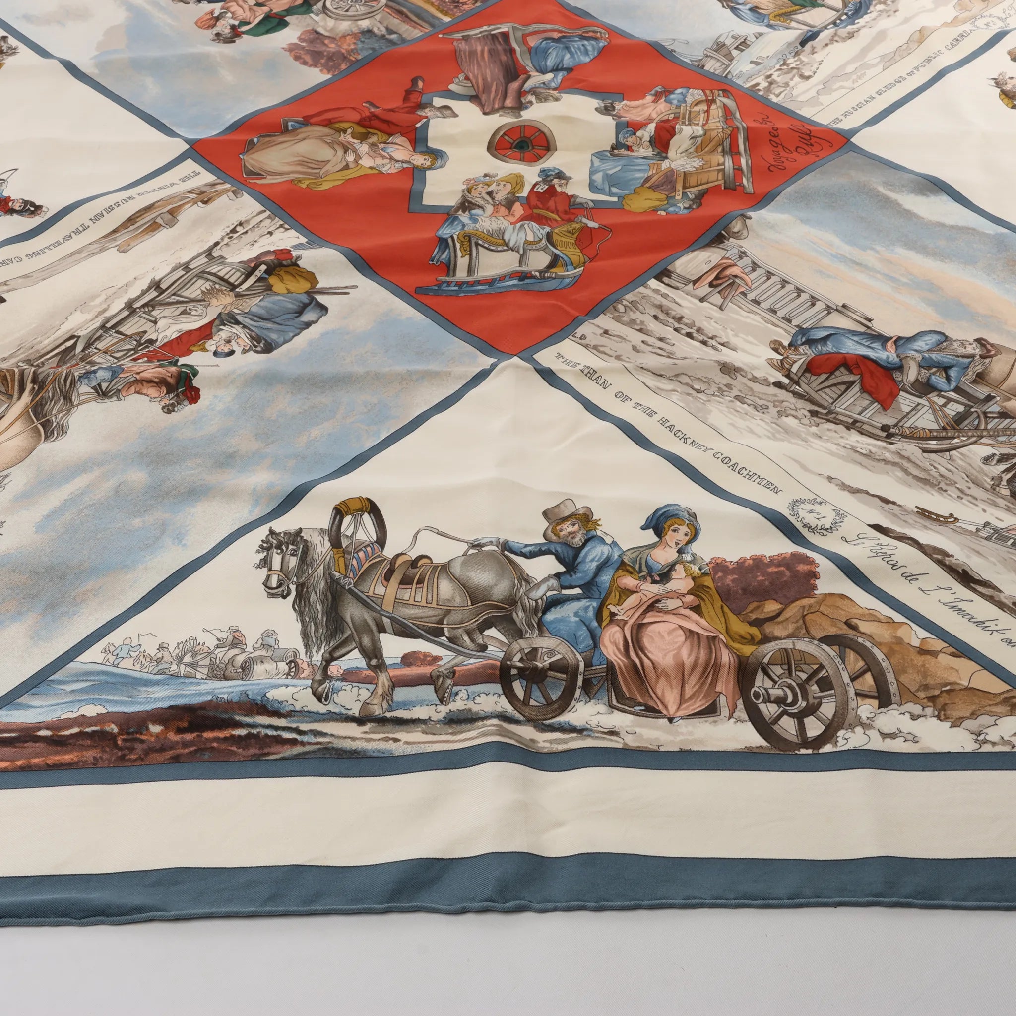 Hermès Carré 90 "Voyages En Russie" Silk handkerchief in Beige x Blue