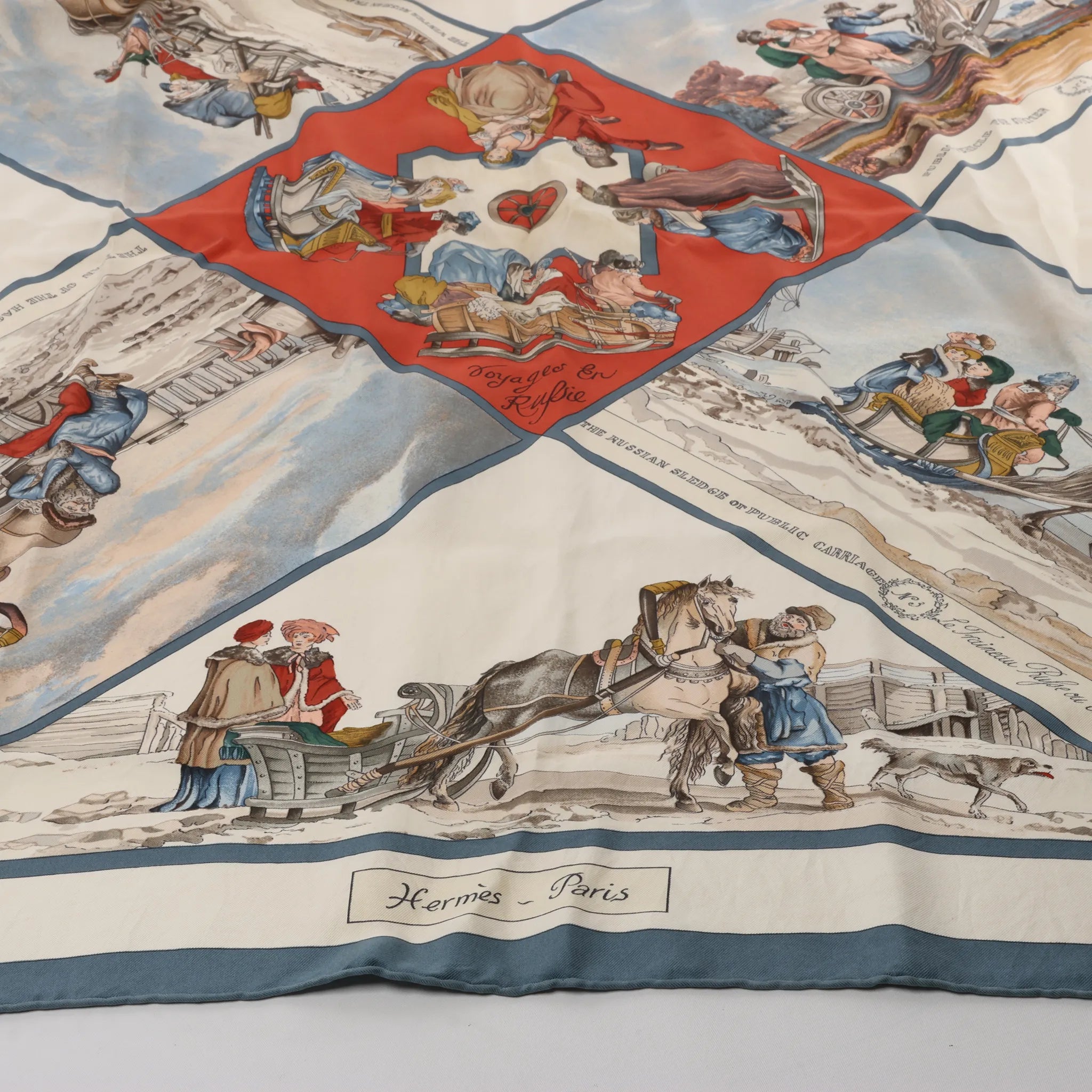 Hermès Carré 90 "Voyages En Russie" Silk handkerchief in Beige x Blue