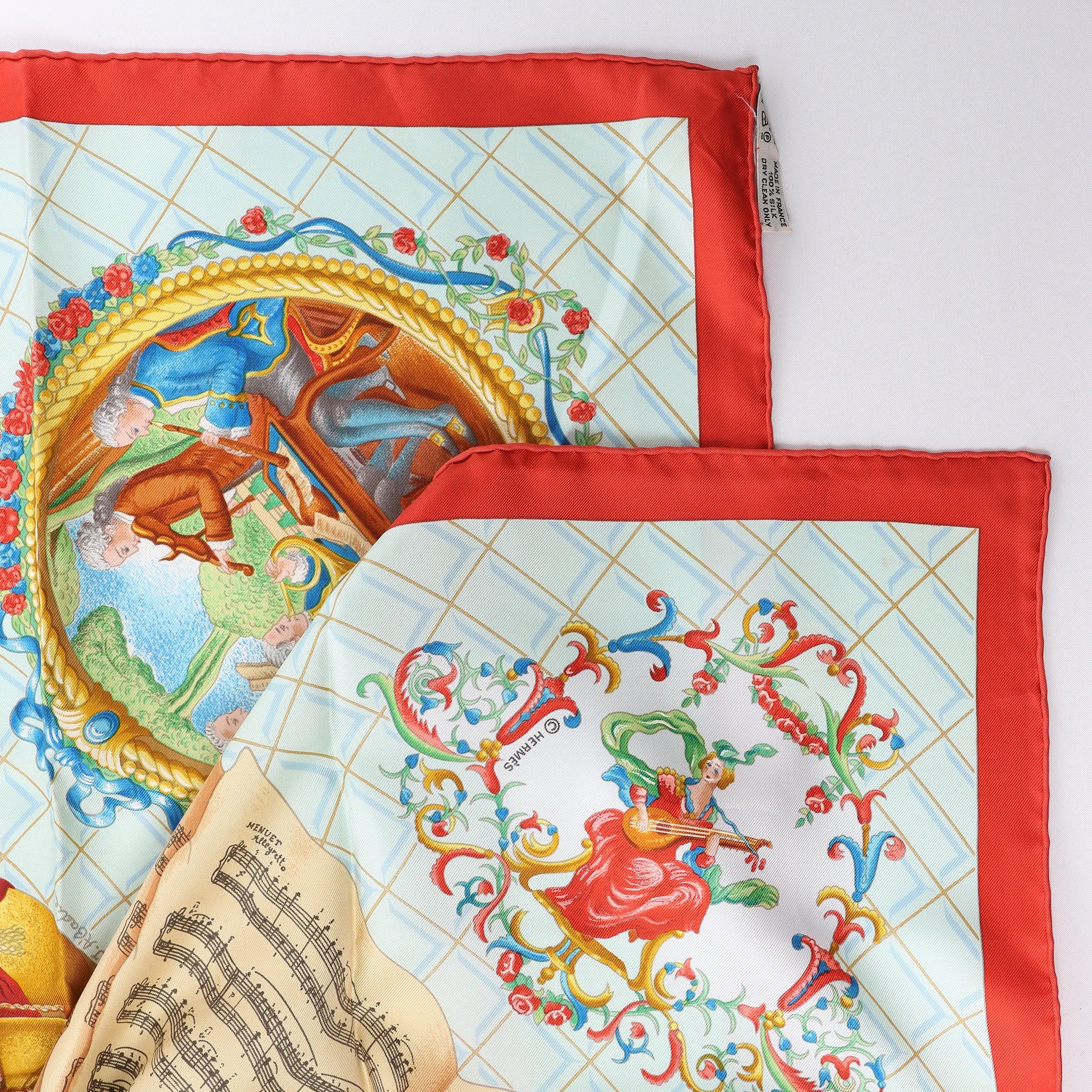 Hermès Carré 90 "Hommage à Mozart" Silk handkerchief in Red x Blue