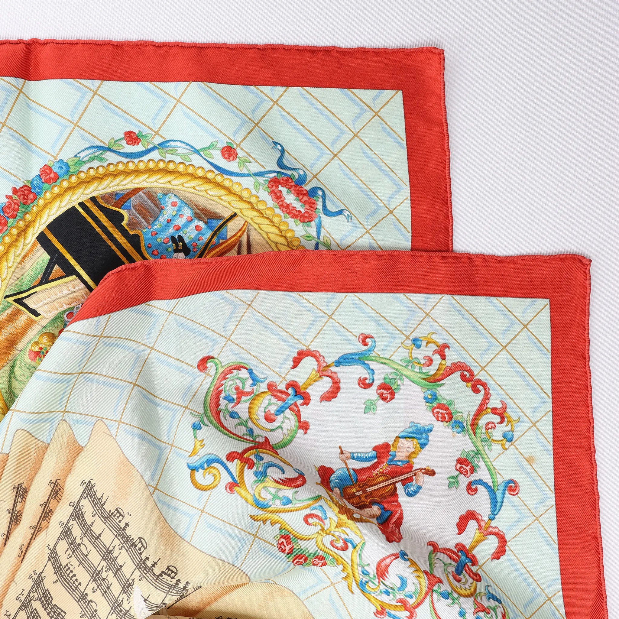 Hermès Carré 90 "Hommage à Mozart" Silk handkerchief in Red x Blue