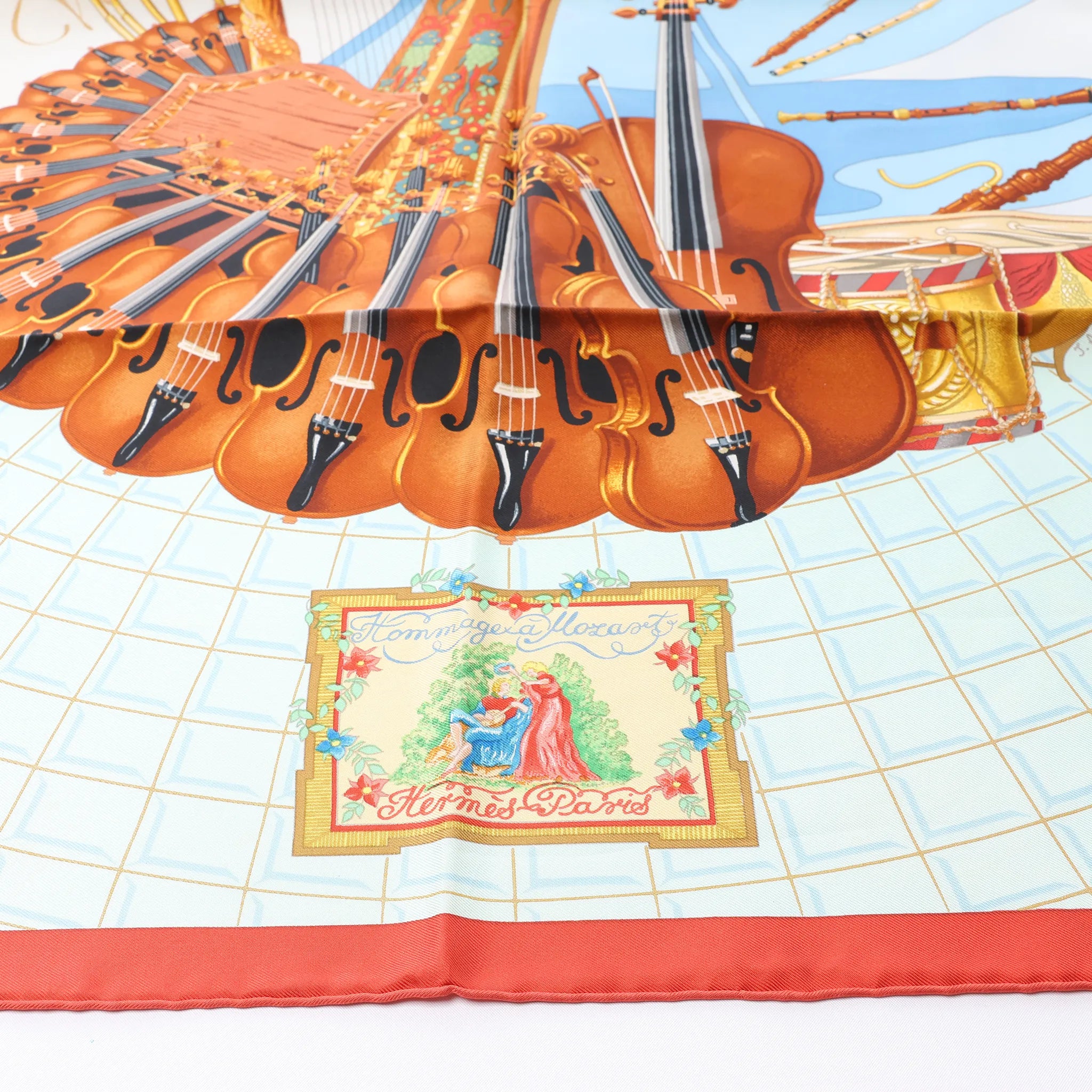 Hermès Carré 90 "Hommage à Mozart" Silk handkerchief in Red x Blue