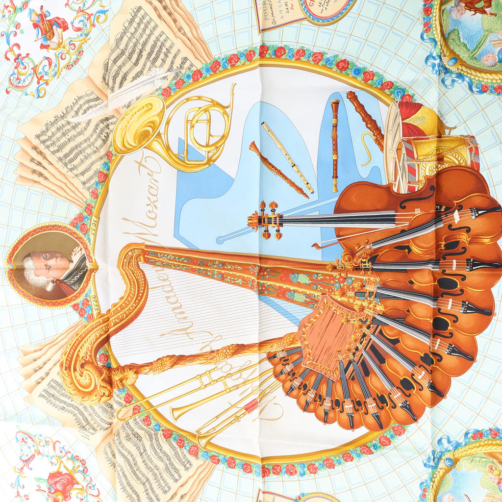 Hermès Carré 90 "Hommage à Mozart" Silk handkerchief in Red x Blue