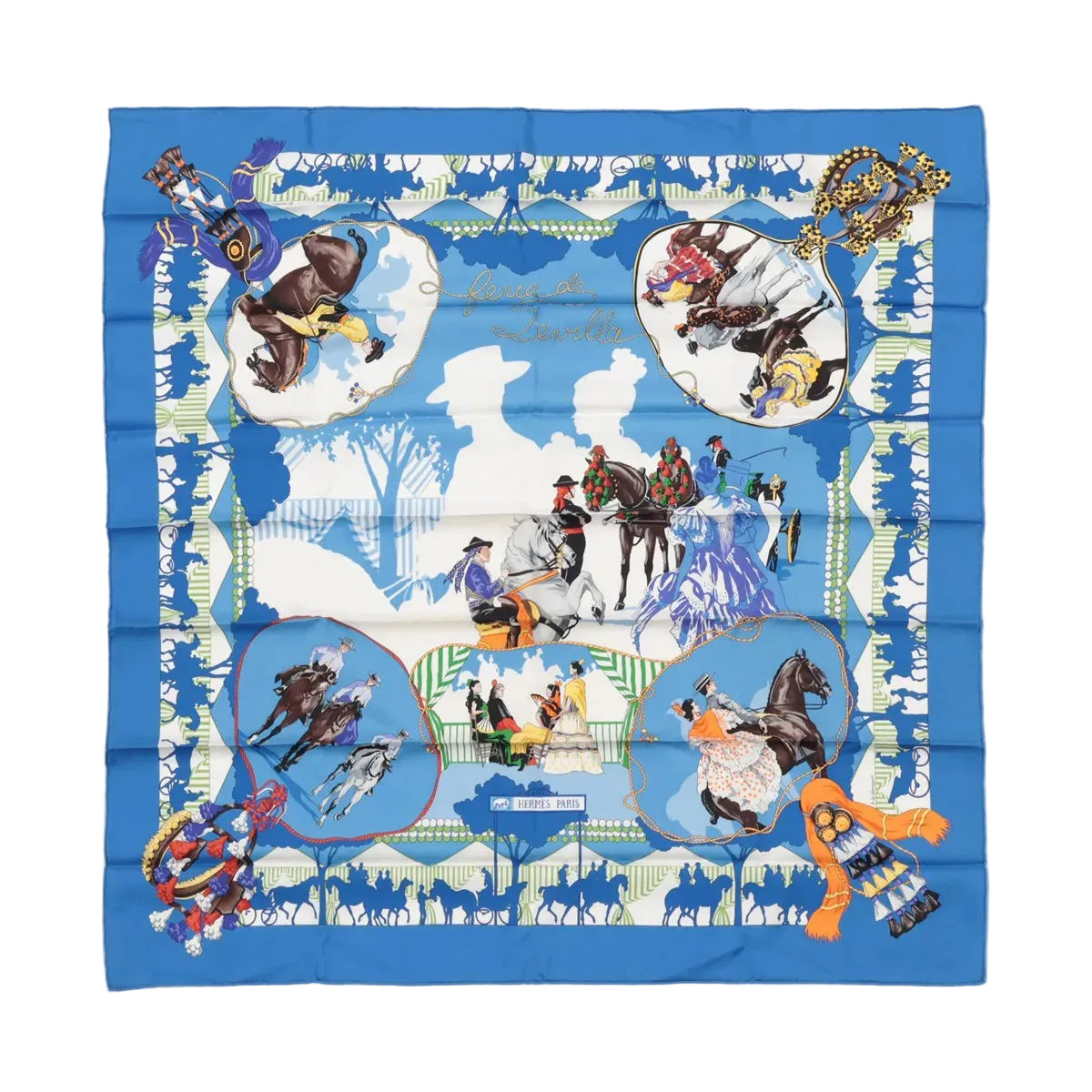 Blue Hermès Carré 90 square scarf with “Feria de Sevilla” illustration of horses, riders and dancers, framed by a bold blue border and Hermès Paris label.