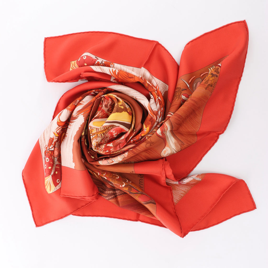 Hermès Carré 90 "Kuggor Tree" Scarf Silk in Red