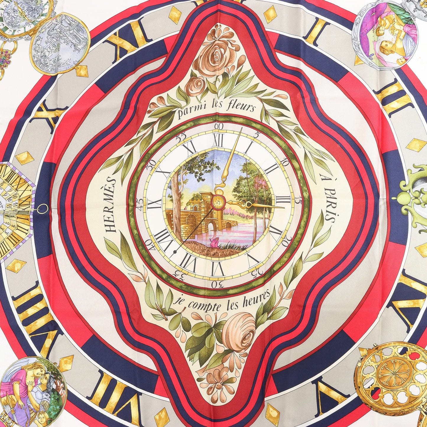 Hermès Carré 90 "Parmi les Fleurs je Compte les Heures" Silk handkerchief in Navy Blue