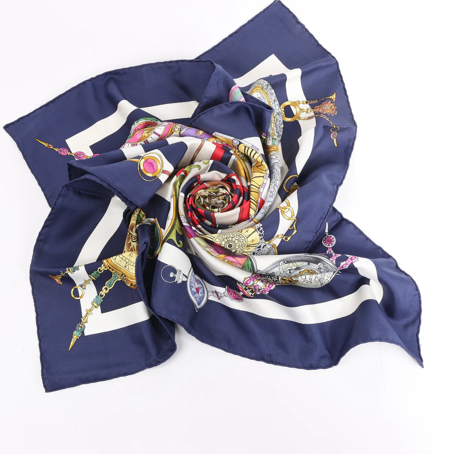 Hermès Carré 90 "Parmi les Fleurs je Compte les Heures" Silk handkerchief in Navy Blue