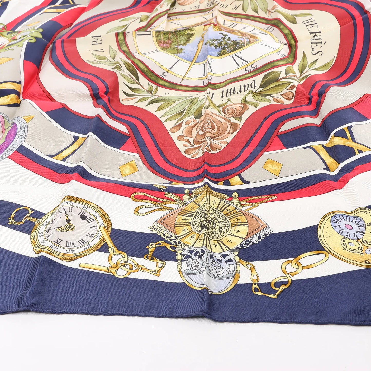 Hermès Carré 90 "Parmi les Fleurs je Compte les Heures" Silk handkerchief in Navy Blue