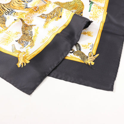 Mouchoir en soie Hermès Carré 90 « Tendresse féline » noir et jaune