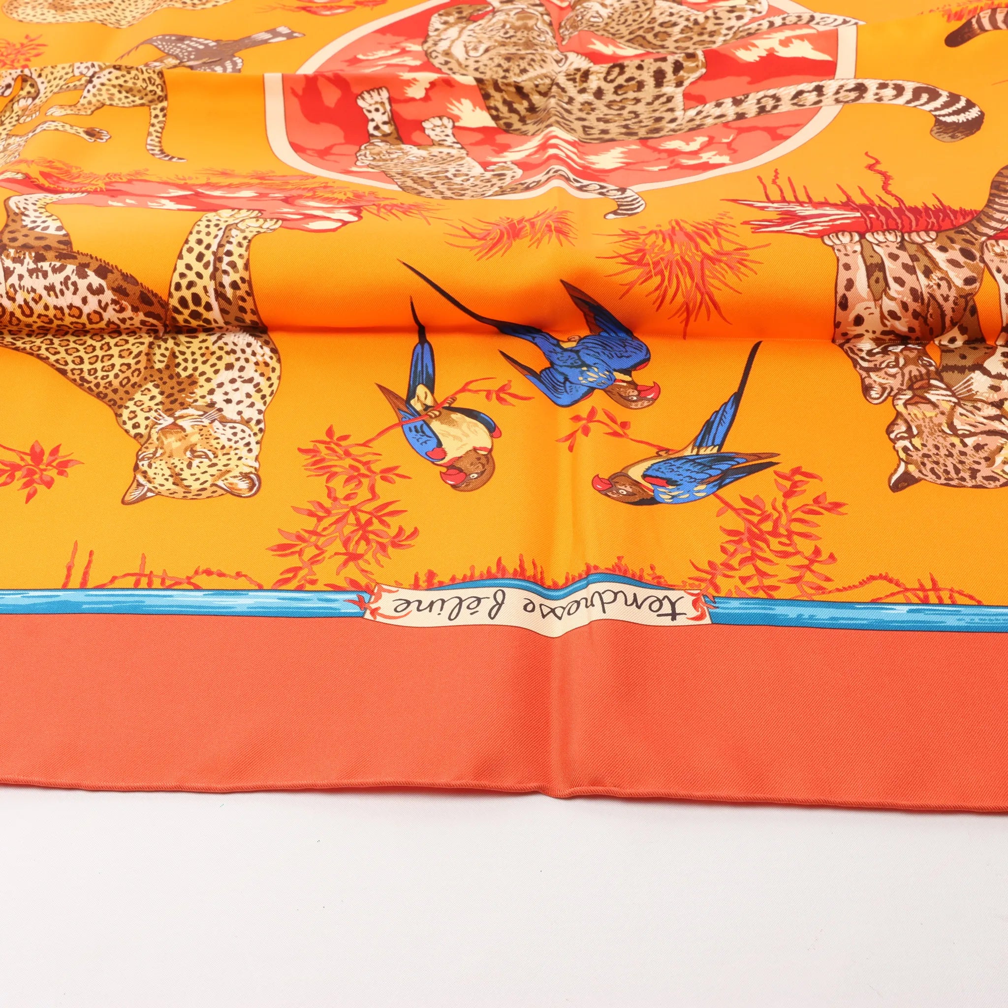 Hermès Carré 90 "Tendresse Feline" Silk handkerchief in Orange