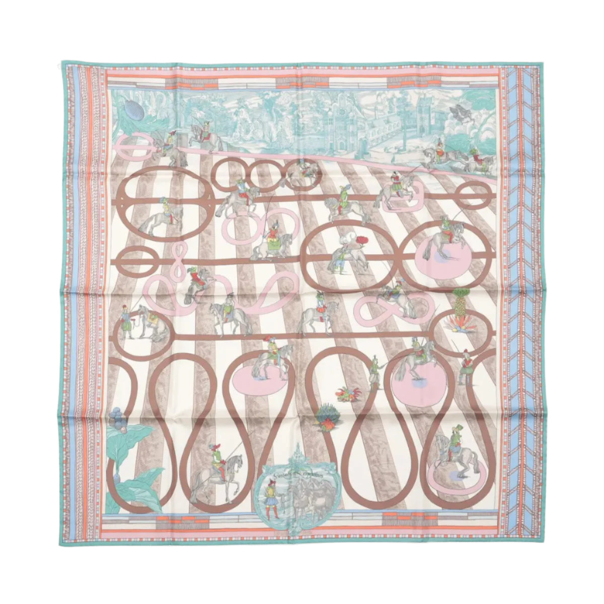 Hermès Carré Double face 90 "Passard D Serpentin" 100% Soie Écharpe en Marron x Vert
