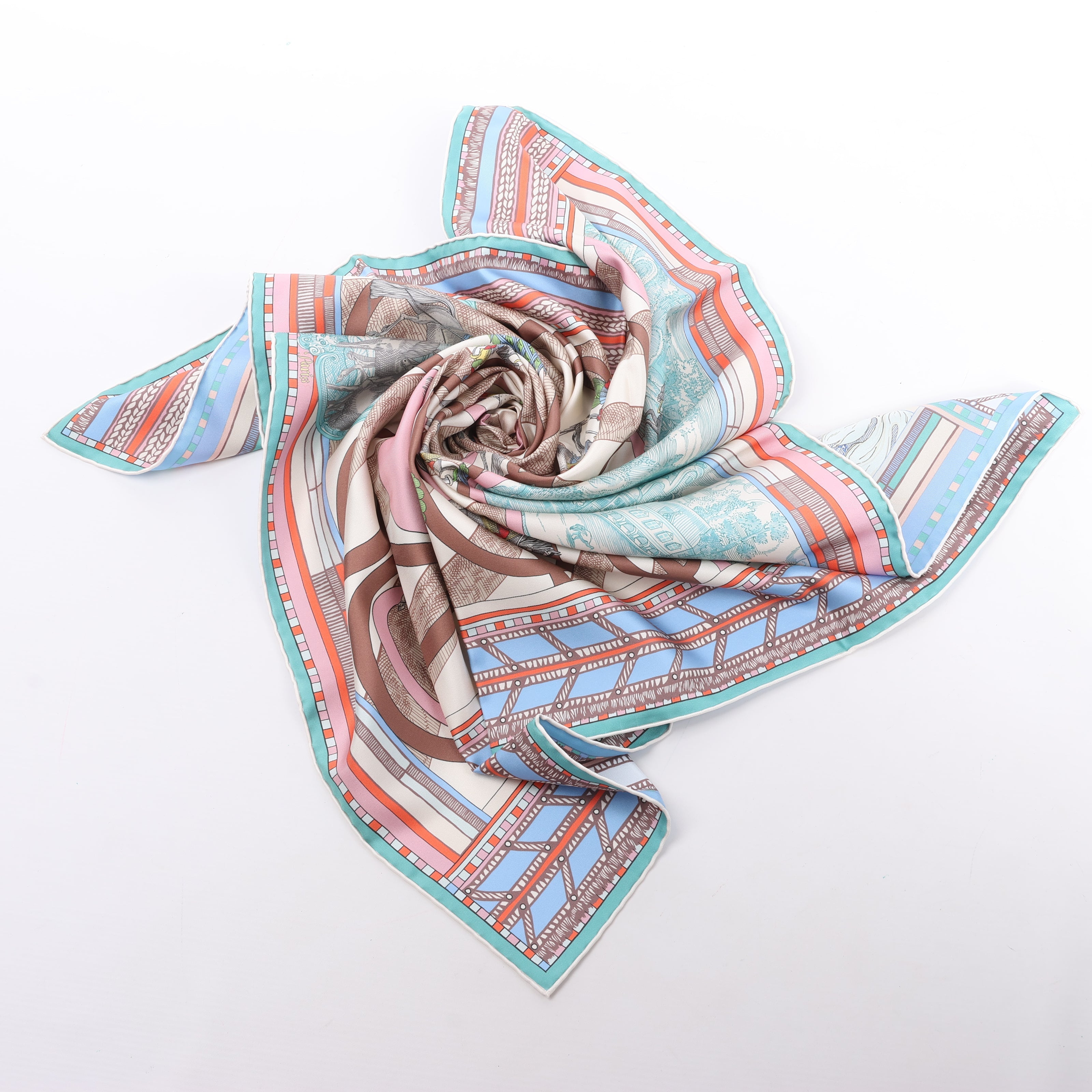 Hermès Carré Double face 90 "Passard D Serpentin" Silk Scarf in Brown x Green